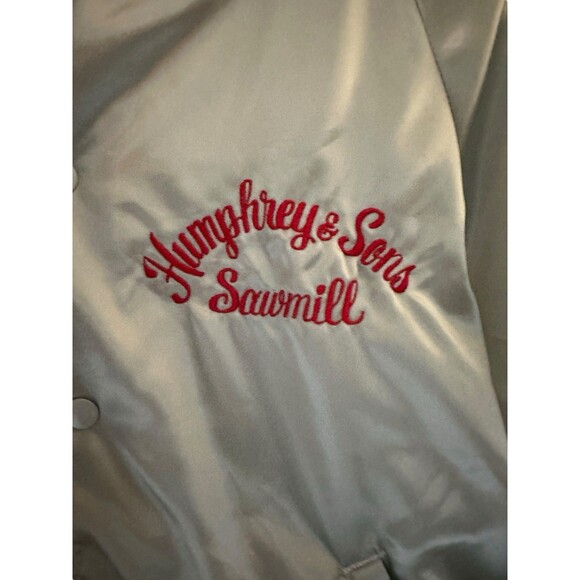 Vintage Karington Satin Bomber Jacket Silver USA Humphreys Sawmill Medium - Picture 10 of 16